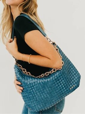 Sienna Slouchy Woven Navy Blue Checkered Vegan Leather Gold Chain NWT